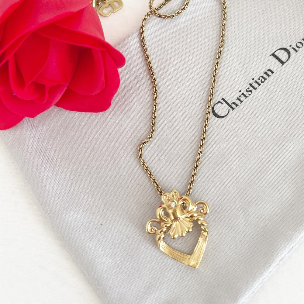 DIOR Vintage Necklace Heart Bow Gold Plated Rhinestone Pendant - Picture 10 of 10